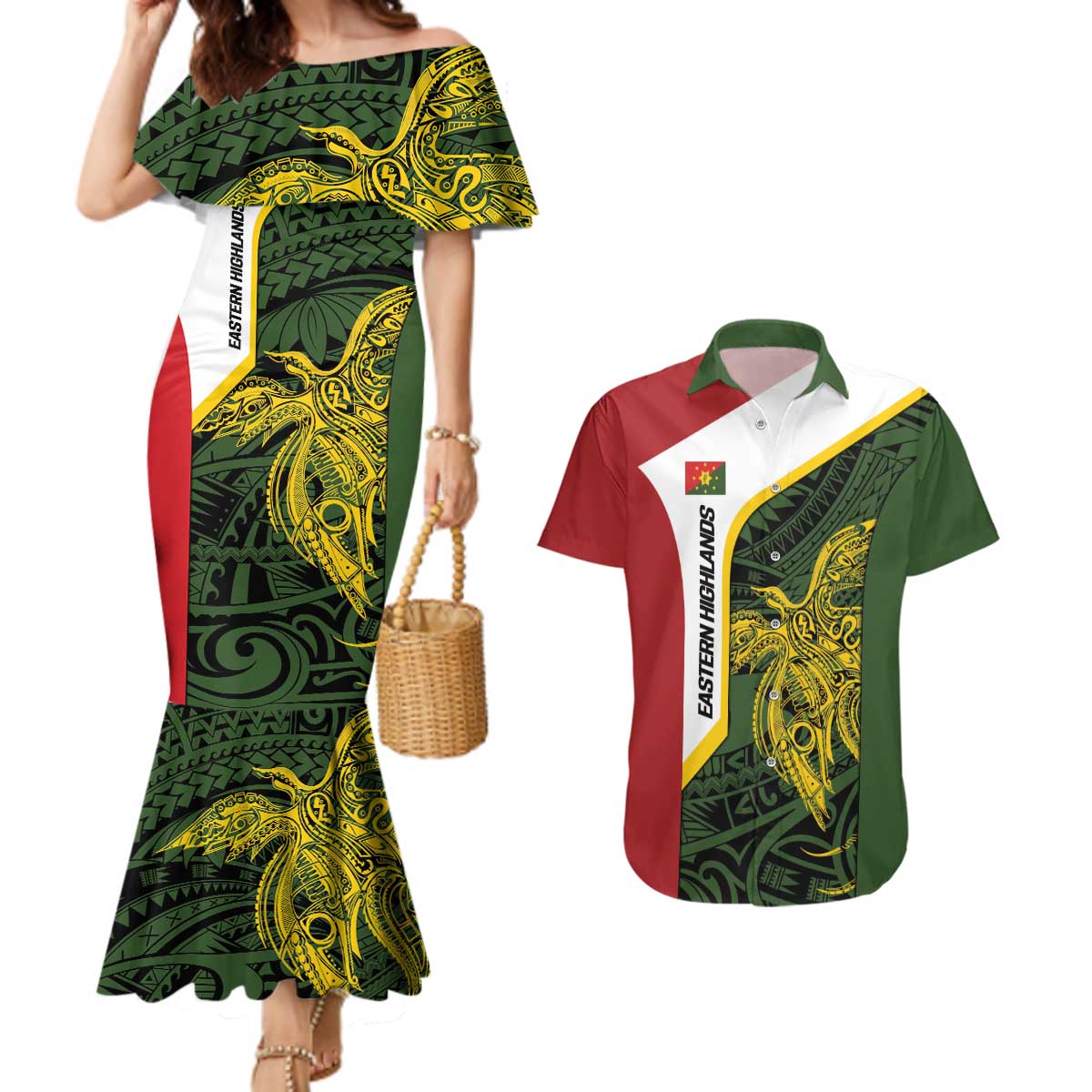 Personalised PNG Eastern Highlands Couples Matching Mermaid Dress and Hawaiian Shirt Bird of Paradise Tattoo Flag Motif - Polynesian Pride
