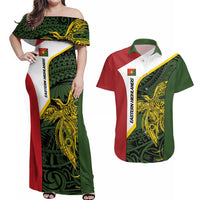 Personalised PNG Eastern Highlands Couples Matching Off Shoulder Maxi Dress and Hawaiian Shirt Bird of Paradise Tattoo Flag Motif - Polynesian Pride