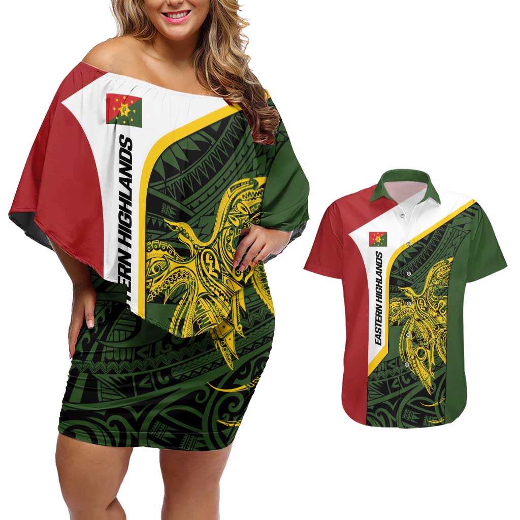 Personalised PNG Eastern Highlands Couples Matching Off Shoulder Short Dress and Hawaiian Shirt Bird of Paradise Tattoo Flag Motif - Polynesian Pride
