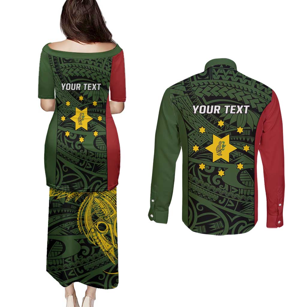 Personalised PNG Eastern Highlands Couples Matching Puletasi and Long Sleeve Button Shirt Bird of Paradise Tattoo Flag Motif - Polynesian Pride