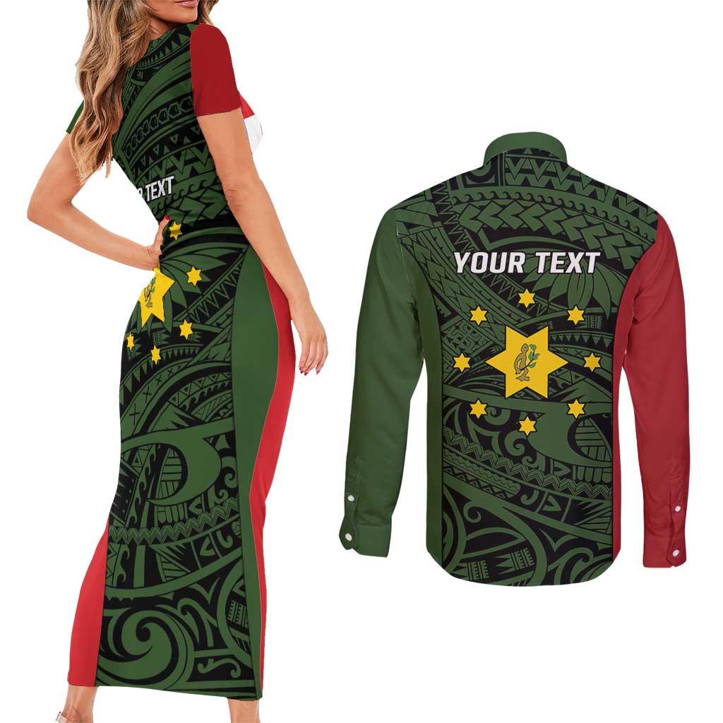 Personalised PNG Eastern Highlands Couples Matching Short Sleeve Bodycon Dress and Long Sleeve Button Shirt Bird of Paradise Tattoo Flag Motif - Polynesian Pride
