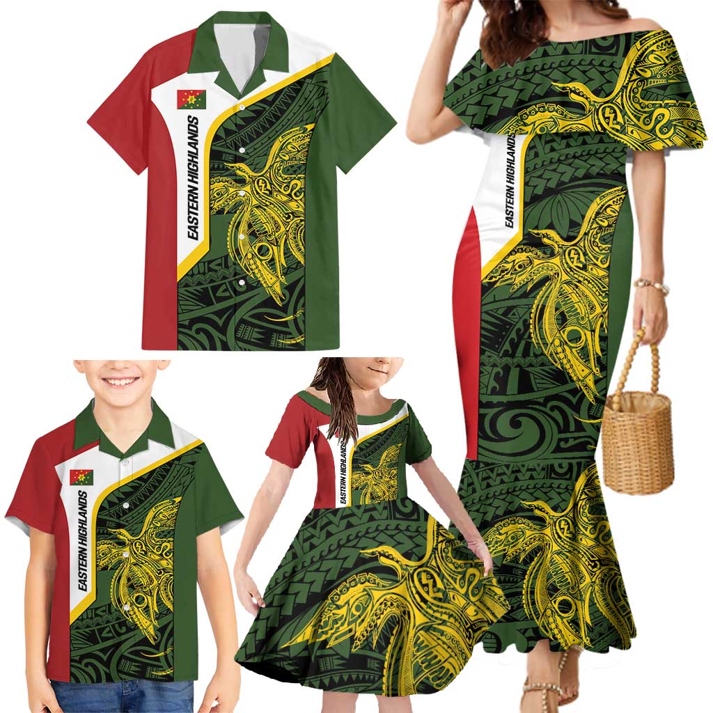 Personalised PNG Eastern Highlands Family Matching Mermaid Dress and Hawaiian Shirt Bird of Paradise Tattoo Flag Motif - Polynesian Pride