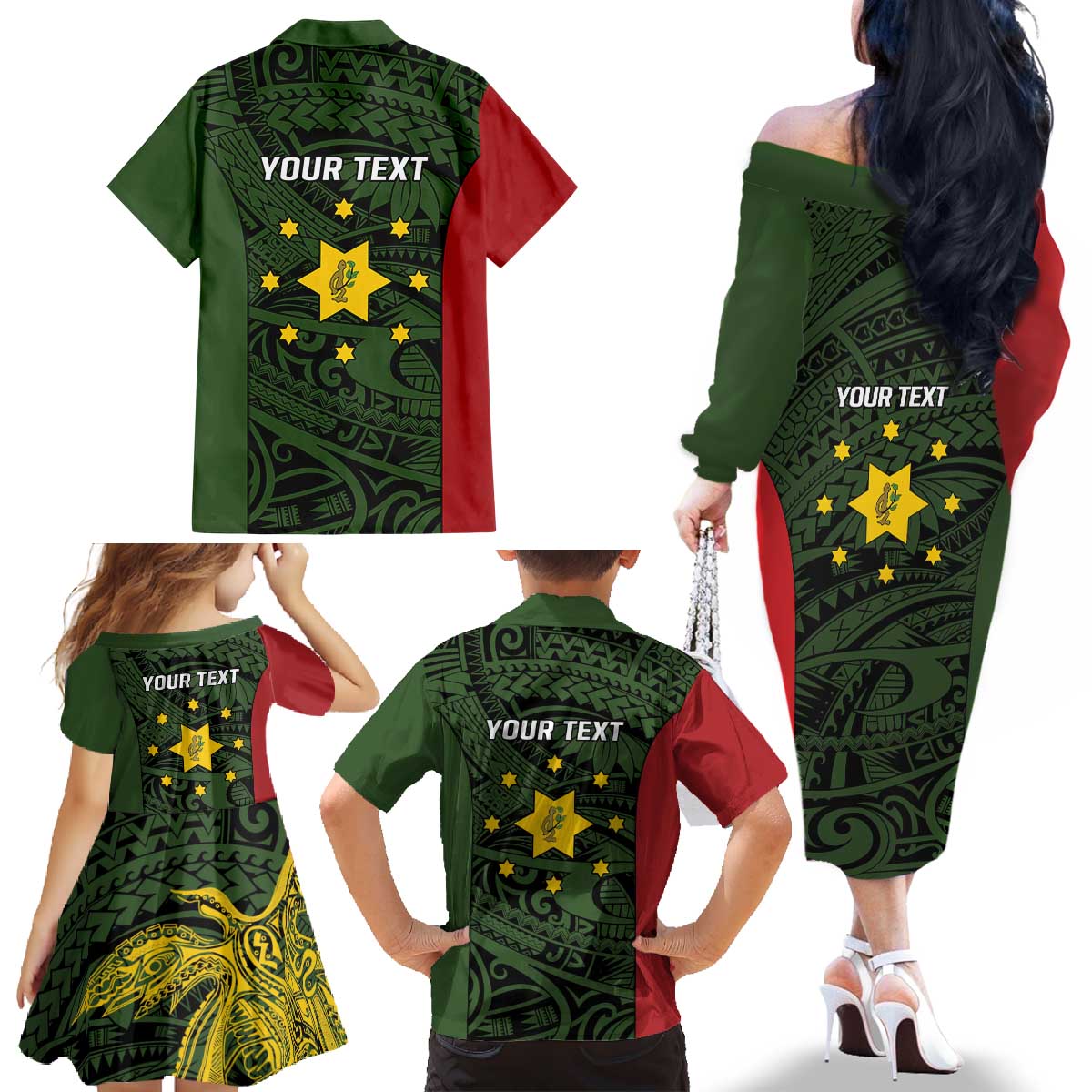 Personalised PNG Eastern Highlands Family Matching Off The Shoulder Long Sleeve Dress and Hawaiian Shirt Bird of Paradise Tattoo Flag Motif - Polynesian Pride