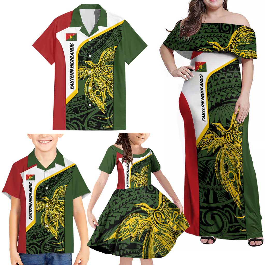 Personalised PNG Eastern Highlands Family Matching Off Shoulder Maxi Dress and Hawaiian Shirt Bird of Paradise Tattoo Flag Motif - Polynesian Pride