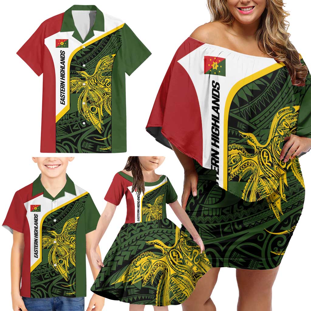 Personalised PNG Eastern Highlands Family Matching Off Shoulder Short Dress and Hawaiian Shirt Bird of Paradise Tattoo Flag Motif - Polynesian Pride