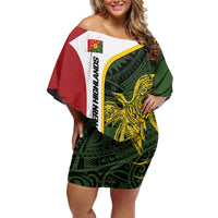 Personalised PNG Eastern Highlands Family Matching Off Shoulder Short Dress and Hawaiian Shirt Bird of Paradise Tattoo Flag Motif - Polynesian Pride