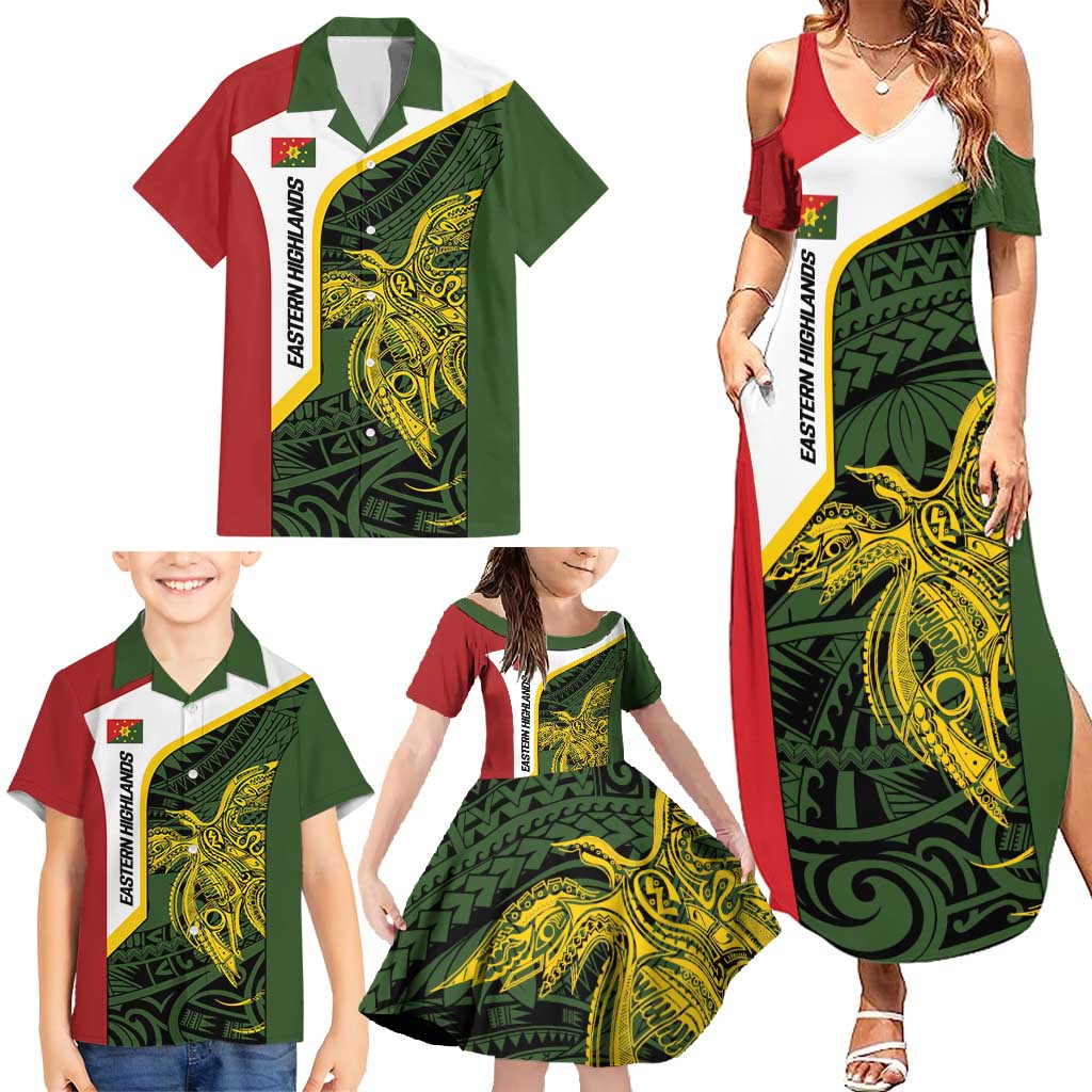 Personalised PNG Eastern Highlands Family Matching Summer Maxi Dress and Hawaiian Shirt Bird of Paradise Tattoo Flag Motif - Polynesian Pride