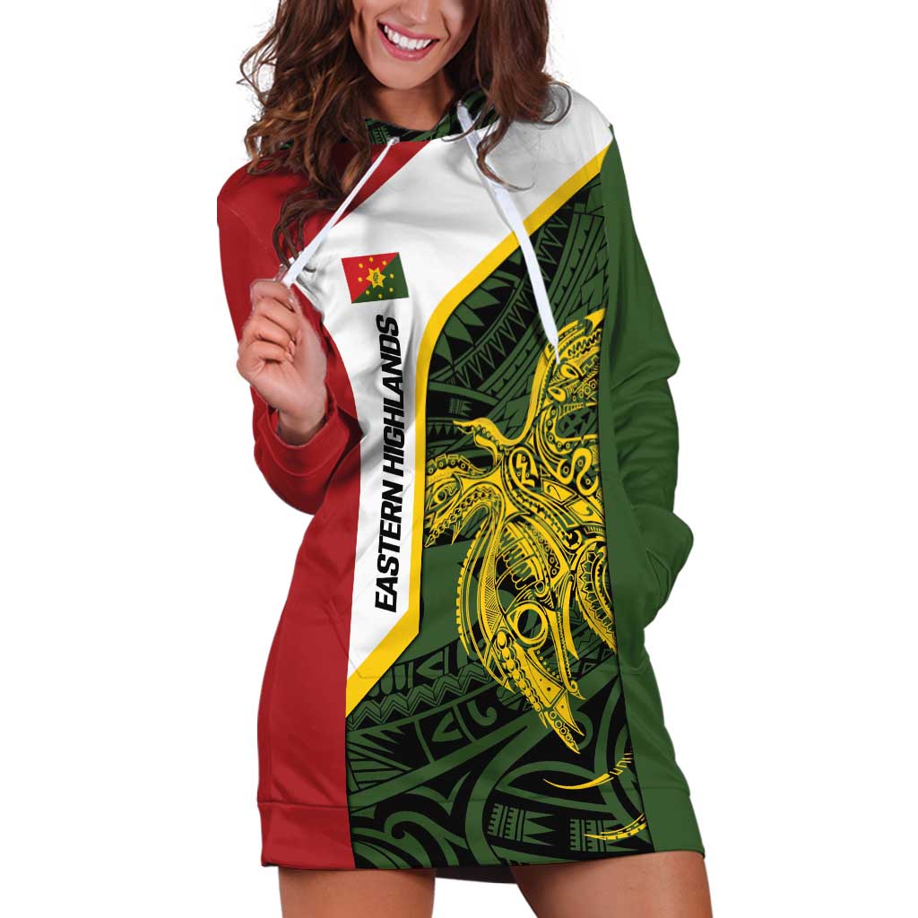 Personalised PNG Eastern Highlands Hoodie Dress Bird of Paradise Tattoo Flag Motif - Polynesian Pride