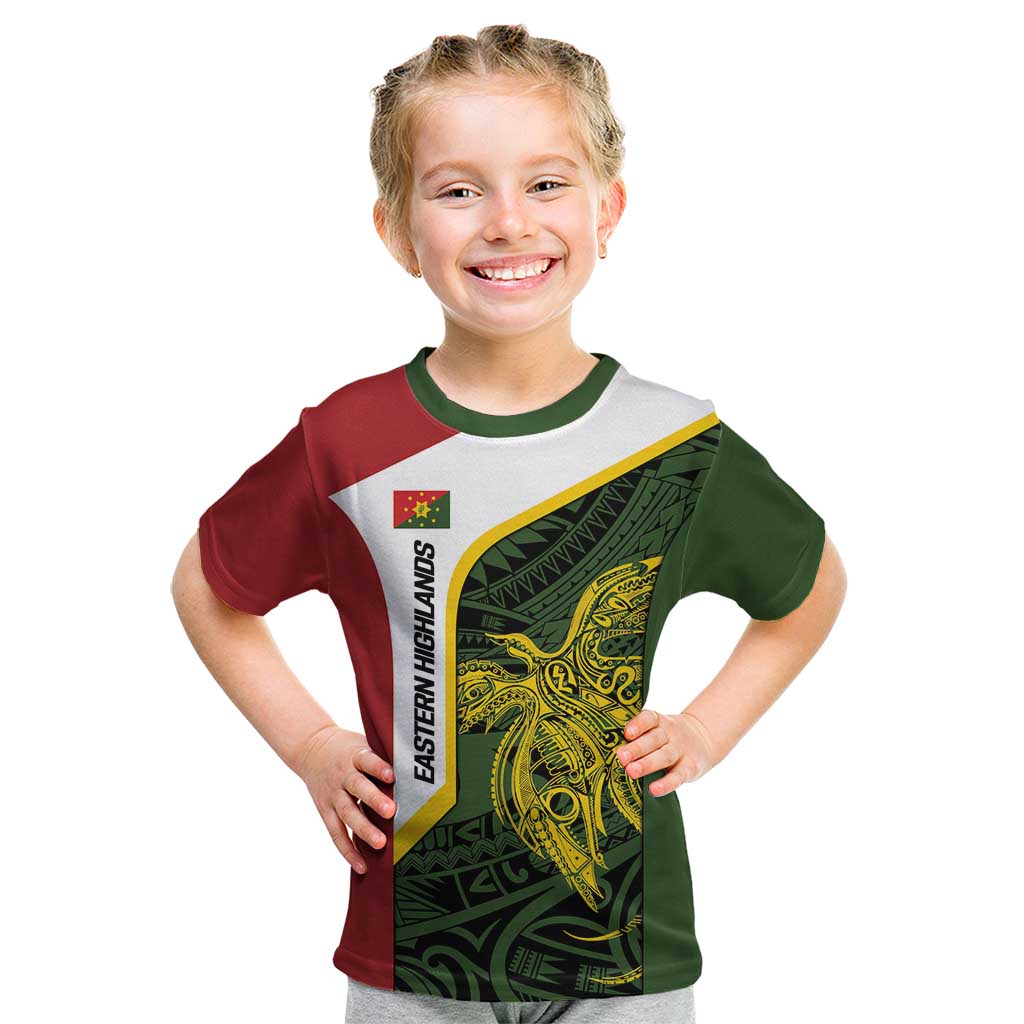 Personalised PNG Eastern Highlands Kid T Shirt Bird of Paradise Tattoo Flag Motif - Polynesian Pride