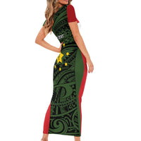 Personalised PNG Eastern Highlands Short Sleeve Bodycon Dress Bird of Paradise Tattoo Flag Motif - Polynesian Pride