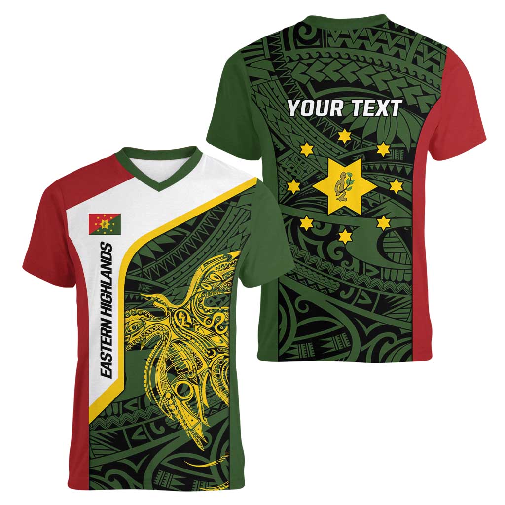 Personalised PNG Eastern Highlands Women V-Neck T-Shirt Bird of Paradise Tattoo Flag Motif - Polynesian Pride