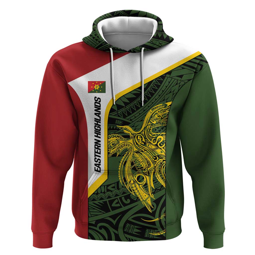 Personalised PNG Eastern Highlands Zip Hoodie Bird of Paradise Tattoo Flag Motif - Polynesian Pride