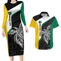 Personalised PNG Enga Province Couples Matching Long Sleeve Bodycon Dress and Hawaiian Shirt Bird of Paradise Tattoo Flag Motif - Polynesian Pride