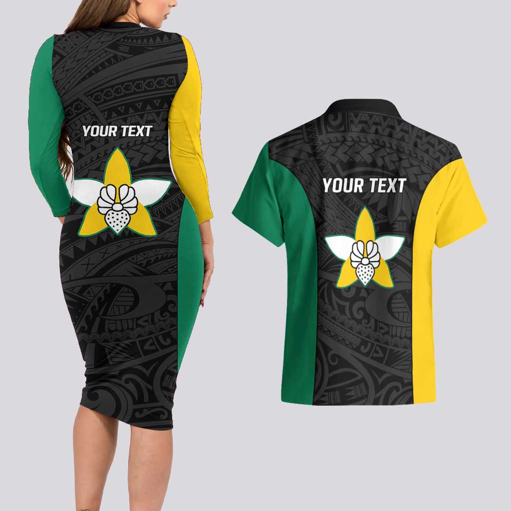 Personalised PNG Enga Province Couples Matching Long Sleeve Bodycon Dress and Hawaiian Shirt Bird of Paradise Tattoo Flag Motif - Polynesian Pride