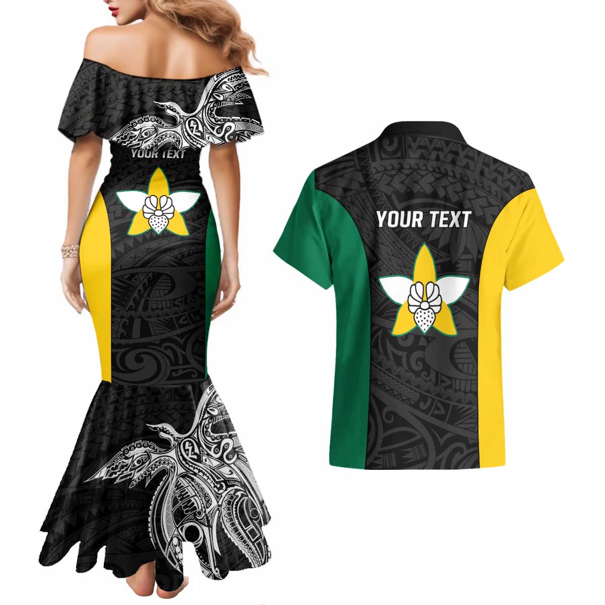 Personalised PNG Enga Province Couples Matching Mermaid Dress and Hawaiian Shirt Bird of Paradise Tattoo Flag Motif - Polynesian Pride