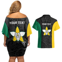 Personalised PNG Enga Province Couples Matching Off Shoulder Short Dress and Hawaiian Shirt Bird of Paradise Tattoo Flag Motif - Polynesian Pride