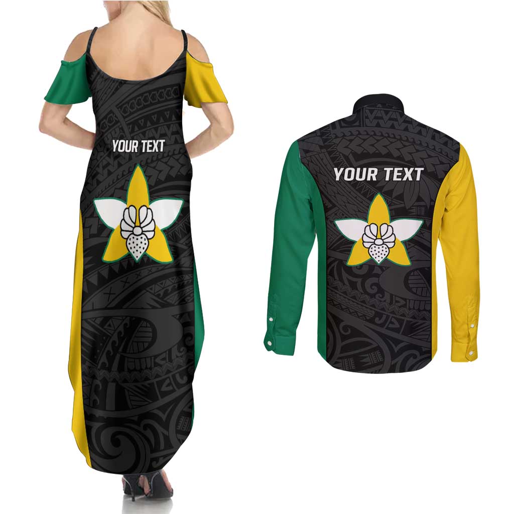Personalised PNG Enga Province Couples Matching Summer Maxi Dress and Long Sleeve Button Shirt Bird of Paradise Tattoo Flag Motif - Polynesian Pride