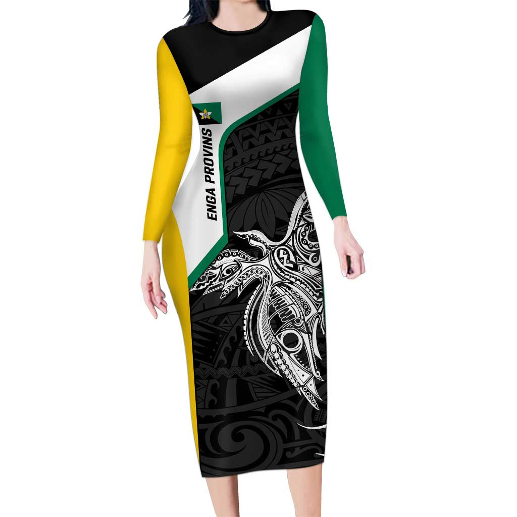 Personalised PNG Enga Province Family Matching Long Sleeve Bodycon Dress and Hawaiian Shirt Bird of Paradise Tattoo Flag Motif - Polynesian Pride