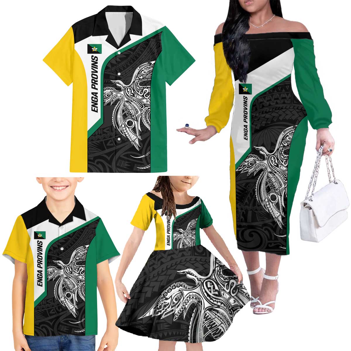 Personalised PNG Enga Province Family Matching Off The Shoulder Long Sleeve Dress and Hawaiian Shirt Bird of Paradise Tattoo Flag Motif - Polynesian Pride