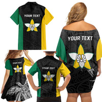 Personalised PNG Enga Province Family Matching Off Shoulder Short Dress and Hawaiian Shirt Bird of Paradise Tattoo Flag Motif - Polynesian Pride