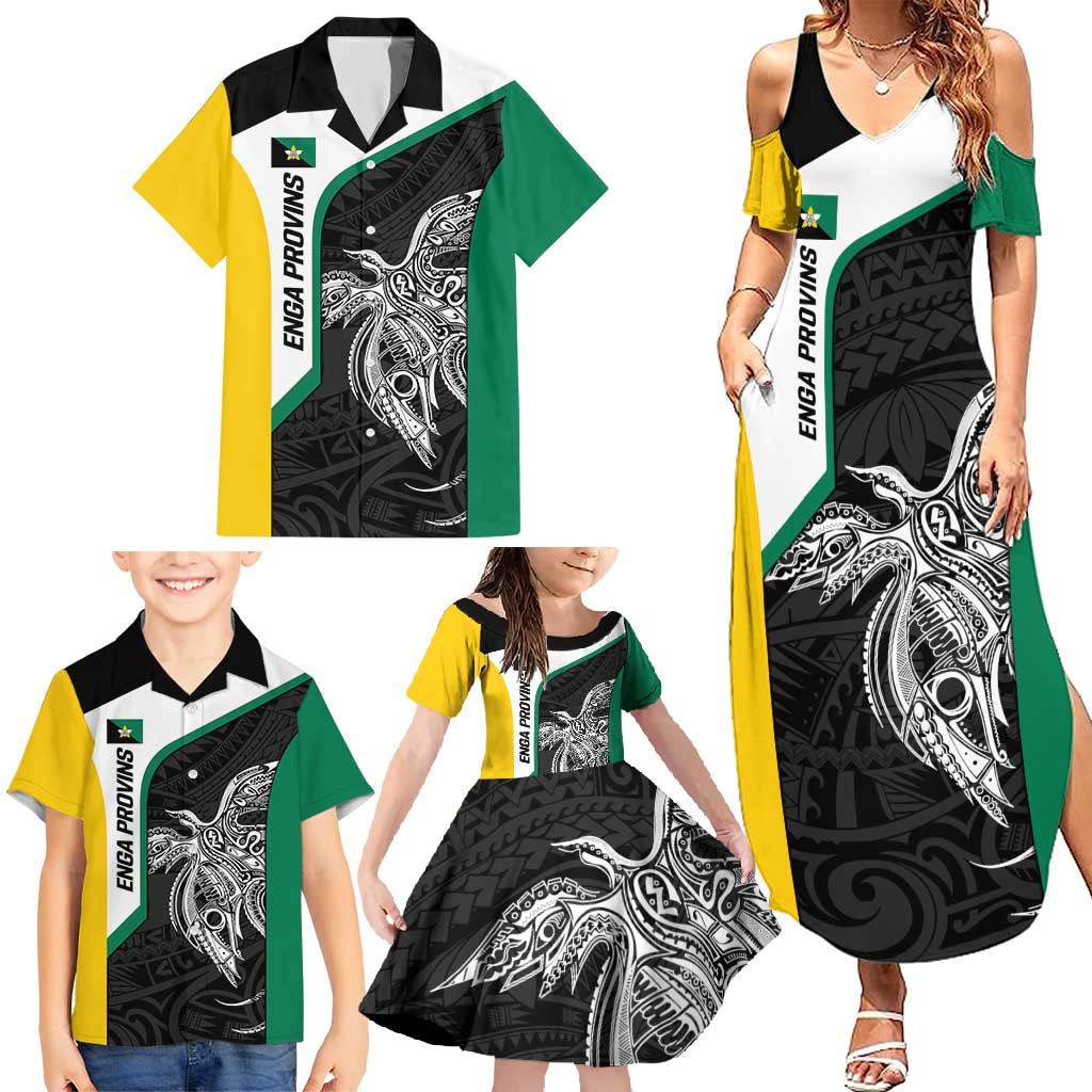 Personalised PNG Enga Province Family Matching Summer Maxi Dress and Hawaiian Shirt Bird of Paradise Tattoo Flag Motif - Polynesian Pride