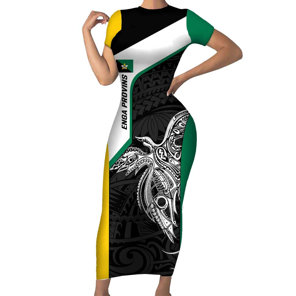 Personalised PNG Enga Province Short Sleeve Bodycon Dress Bird of Paradise Tattoo Flag Motif - Polynesian Pride