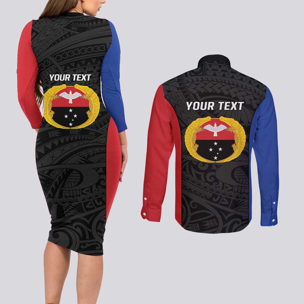 Personalised PNG Gulf Province Couples Matching Long Sleeve Bodycon Dress and Long Sleeve Button Shirt Bird of Paradise Tattoo Flag Motif - Polynesian Pride