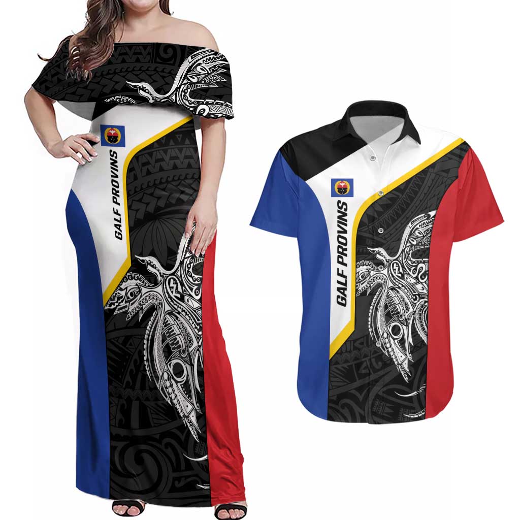Personalised PNG Gulf Province Couples Matching Off Shoulder Maxi Dress and Hawaiian Shirt Bird of Paradise Tattoo Flag Motif - Polynesian Pride