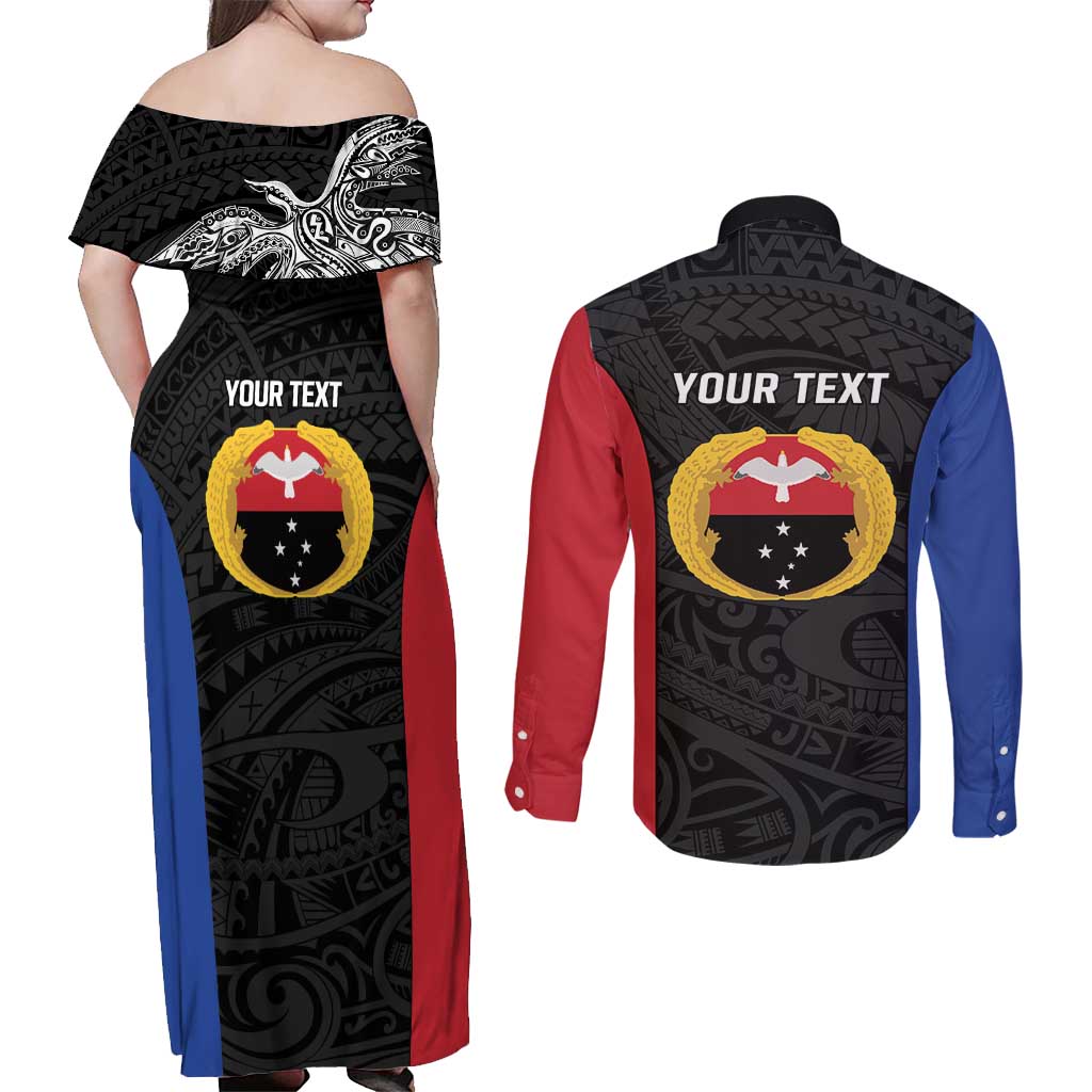 Personalised PNG Gulf Province Couples Matching Off Shoulder Maxi Dress and Long Sleeve Button Shirt Bird of Paradise Tattoo Flag Motif - Polynesian Pride
