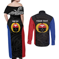 Personalised PNG Gulf Province Couples Matching Off Shoulder Maxi Dress and Long Sleeve Button Shirt Bird of Paradise Tattoo Flag Motif - Polynesian Pride