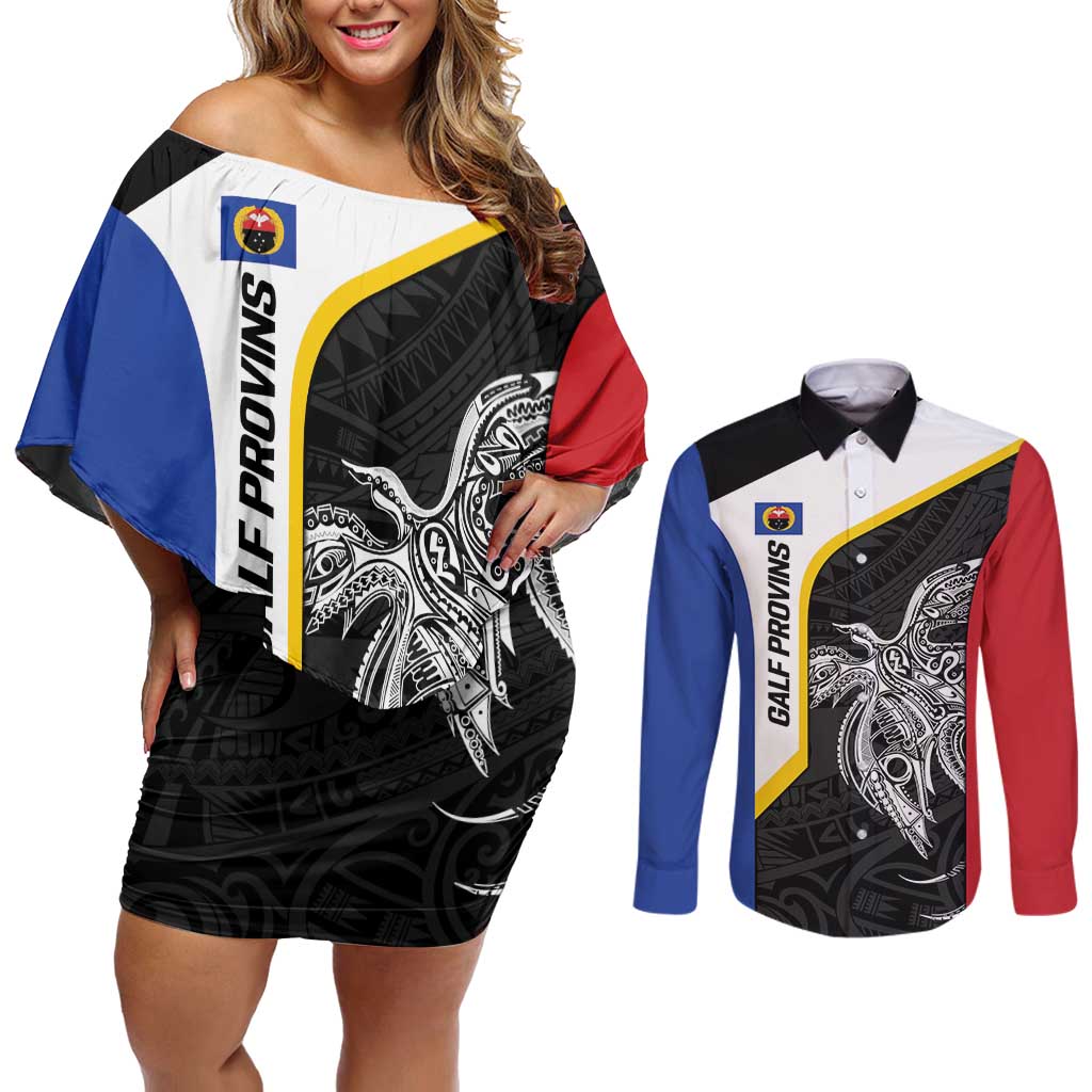 Personalised PNG Gulf Province Couples Matching Off Shoulder Short Dress and Long Sleeve Button Shirt Bird of Paradise Tattoo Flag Motif - Polynesian Pride
