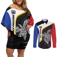 Personalised PNG Gulf Province Couples Matching Off Shoulder Short Dress and Long Sleeve Button Shirt Bird of Paradise Tattoo Flag Motif - Polynesian Pride