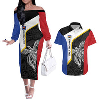 Personalised PNG Gulf Province Couples Matching Off The Shoulder Long Sleeve Dress and Hawaiian Shirt Bird of Paradise Tattoo Flag Motif - Polynesian Pride
