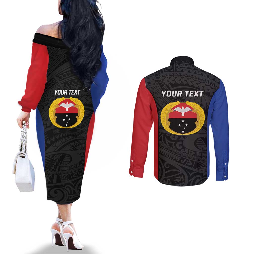 Personalised PNG Gulf Province Couples Matching Off The Shoulder Long Sleeve Dress and Long Sleeve Button Shirt Bird of Paradise Tattoo Flag Motif - Polynesian Pride