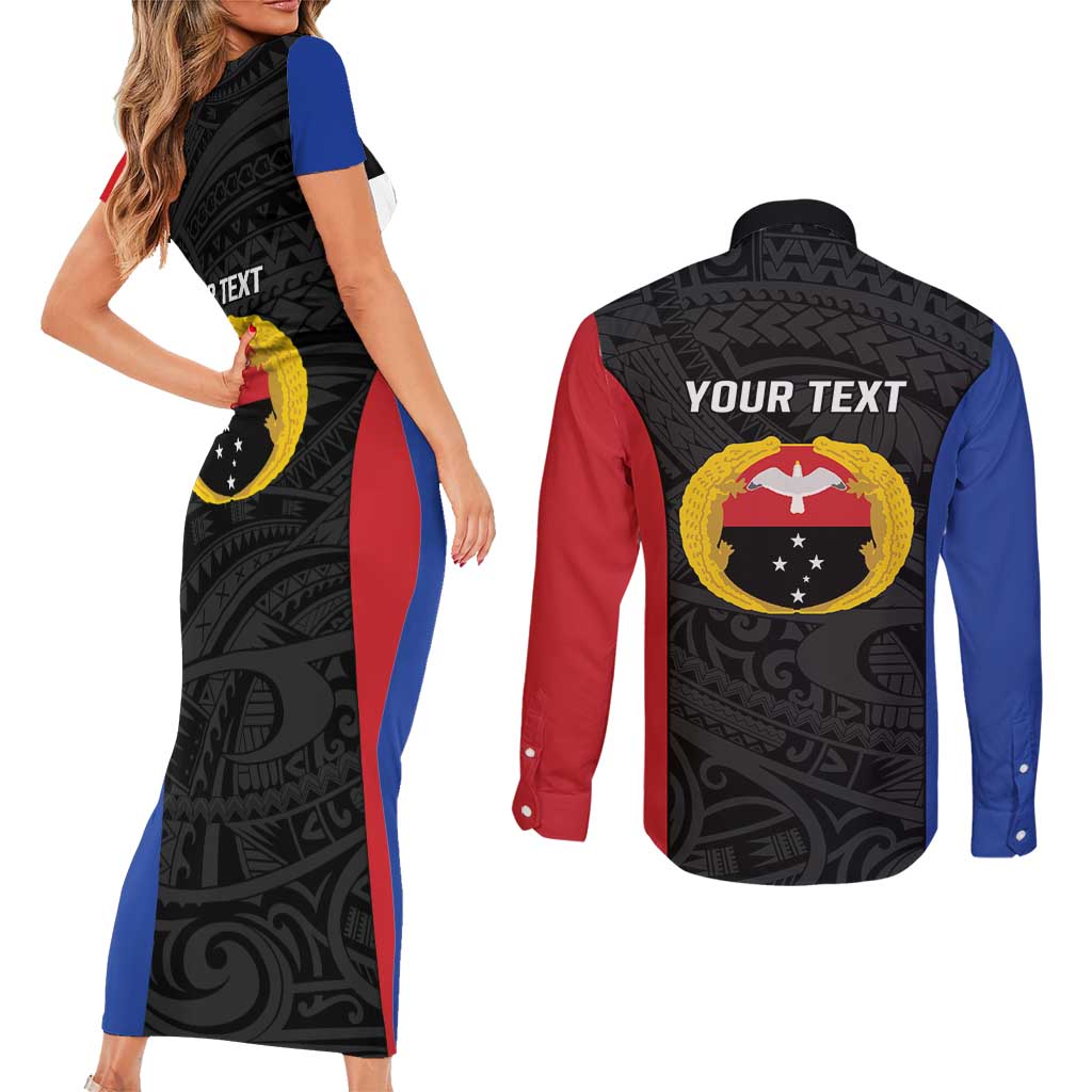 Personalised PNG Gulf Province Couples Matching Short Sleeve Bodycon Dress and Long Sleeve Button Shirt Bird of Paradise Tattoo Flag Motif - Polynesian Pride