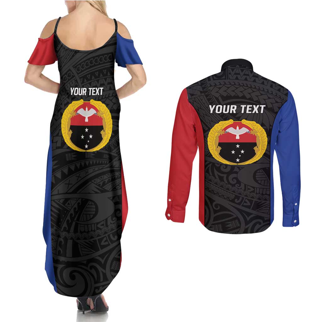 Personalised PNG Gulf Province Couples Matching Summer Maxi Dress and Long Sleeve Button Shirt Bird of Paradise Tattoo Flag Motif - Polynesian Pride