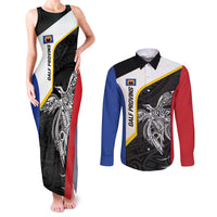Personalised PNG Gulf Province Couples Matching Tank Maxi Dress and Long Sleeve Button Shirt Bird of Paradise Tattoo Flag Motif LT9 Black - Polynesian Pride
