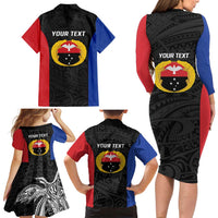 Personalised PNG Gulf Province Family Matching Long Sleeve Bodycon Dress and Hawaiian Shirt Bird of Paradise Tattoo Flag Motif - Polynesian Pride