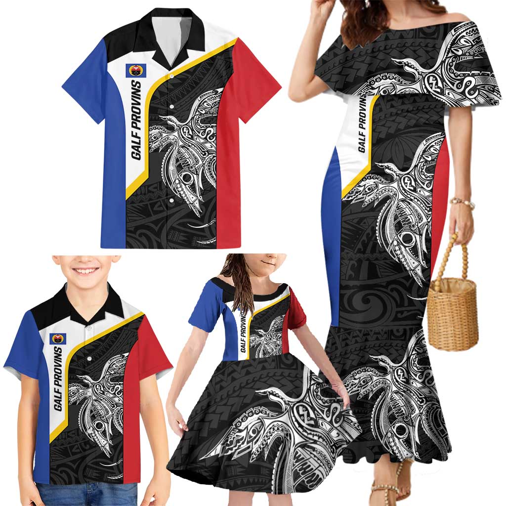Personalised PNG Gulf Province Family Matching Mermaid Dress and Hawaiian Shirt Bird of Paradise Tattoo Flag Motif - Polynesian Pride