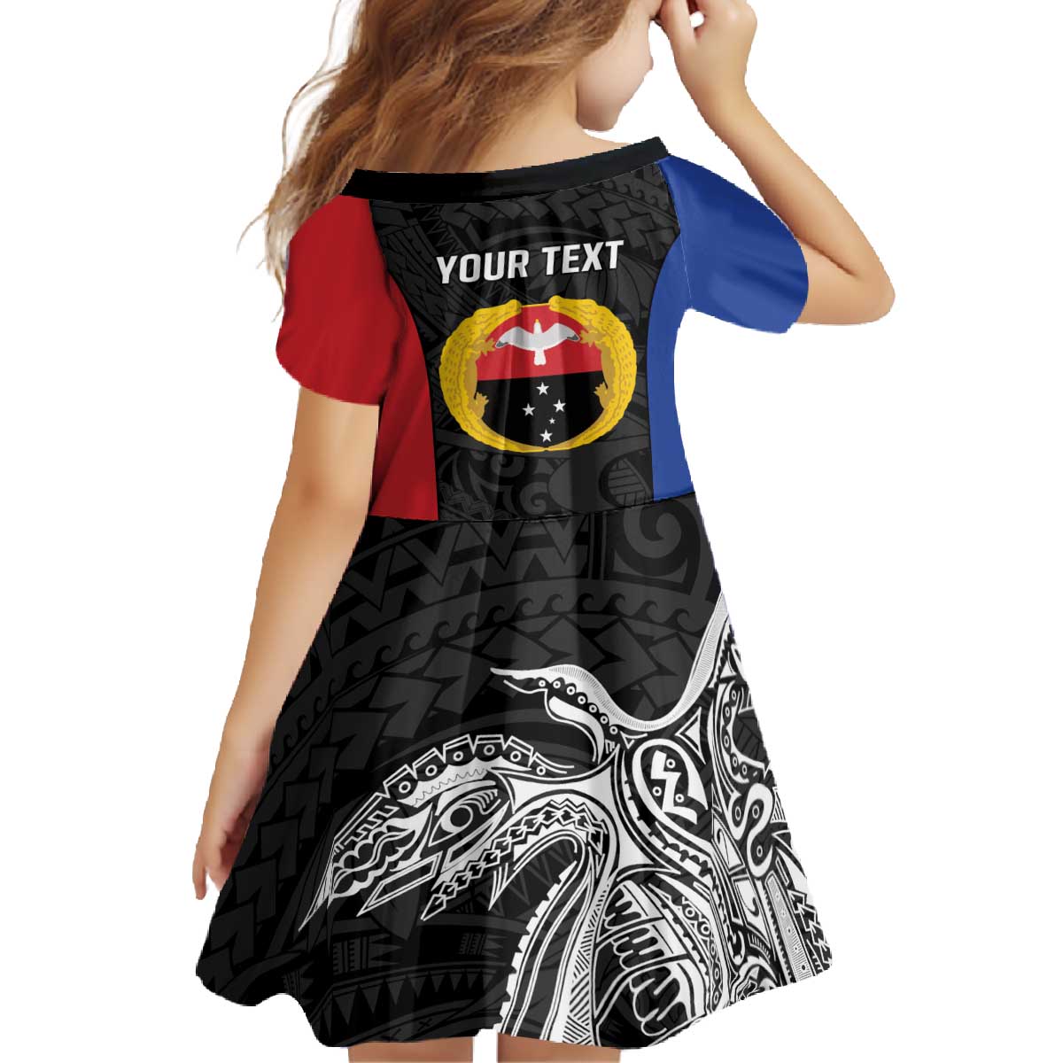 Personalised PNG Gulf Province Family Matching Off The Shoulder Long Sleeve Dress and Hawaiian Shirt Bird of Paradise Tattoo Flag Motif - Polynesian Pride