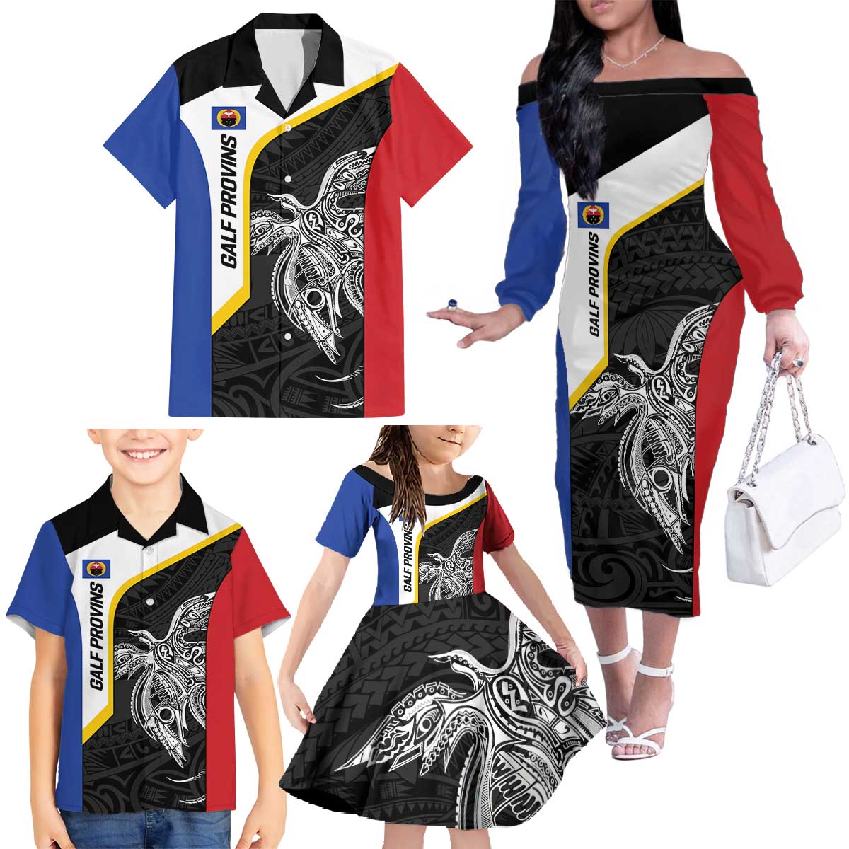 Personalised PNG Gulf Province Family Matching Off The Shoulder Long Sleeve Dress and Hawaiian Shirt Bird of Paradise Tattoo Flag Motif - Polynesian Pride