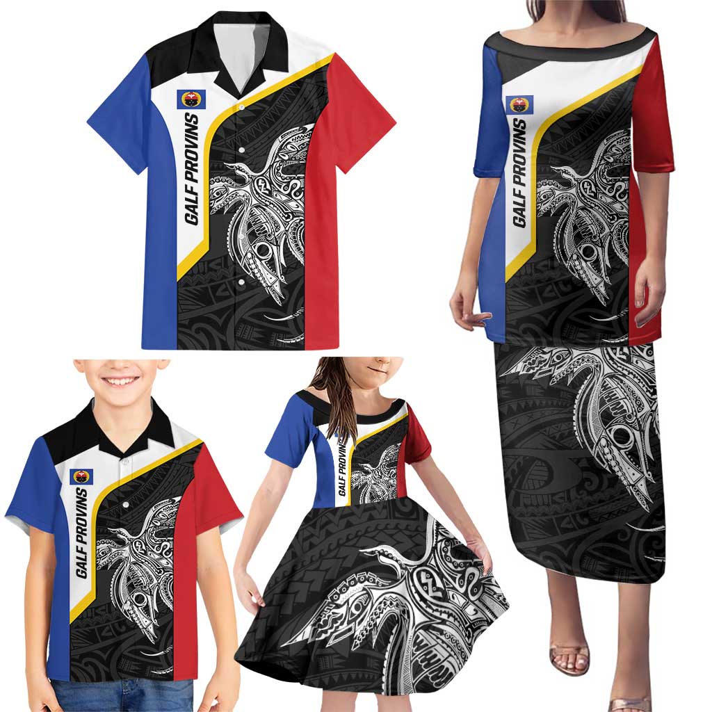 Personalised PNG Gulf Province Family Matching Puletasi and Hawaiian Shirt Bird of Paradise Tattoo Flag Motif - Polynesian Pride