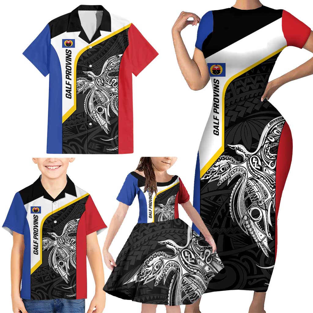 Personalised PNG Gulf Province Family Matching Short Sleeve Bodycon Dress and Hawaiian Shirt Bird of Paradise Tattoo Flag Motif - Polynesian Pride
