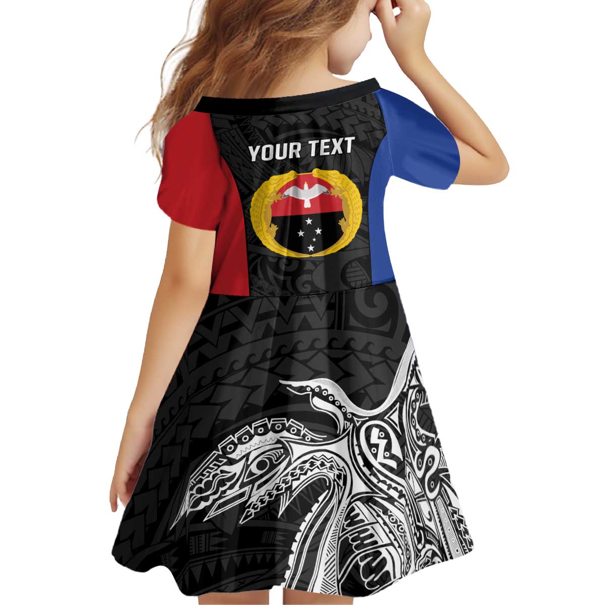 Personalised PNG Gulf Province Kid Short Sleeve Dress Bird of Paradise Tattoo Flag Motif - Polynesian Pride