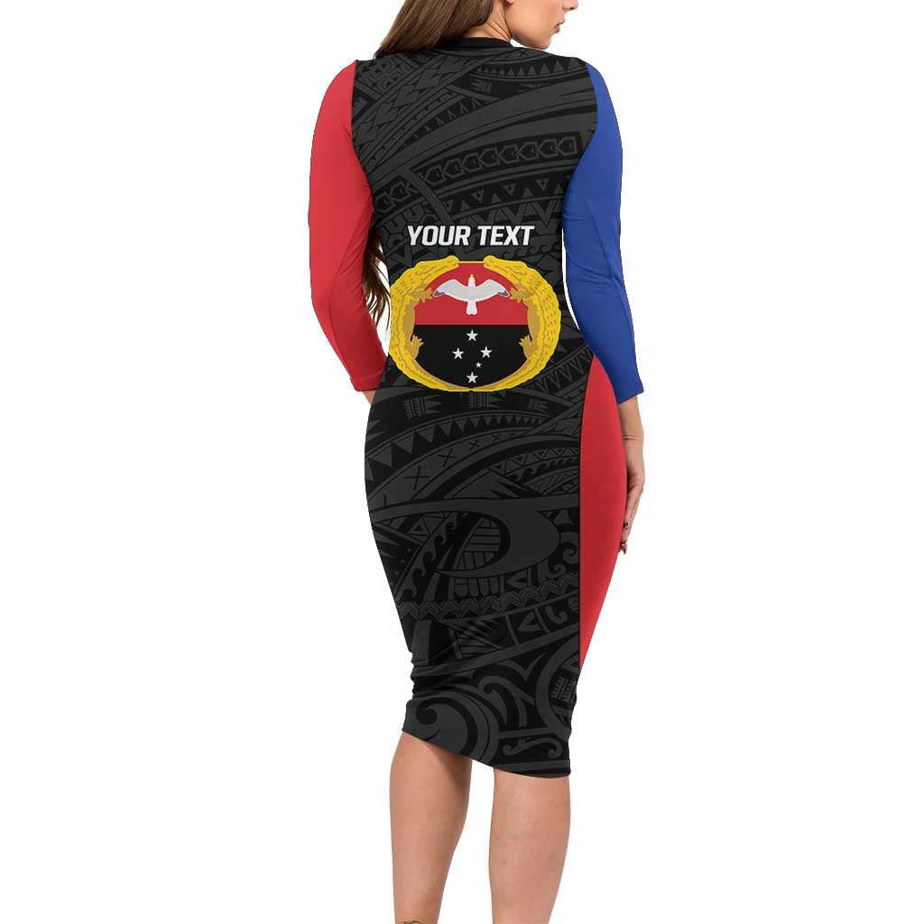 Personalised PNG Gulf Province Long Sleeve Bodycon Dress Bird of Paradise Tattoo Flag Motif - Polynesian Pride