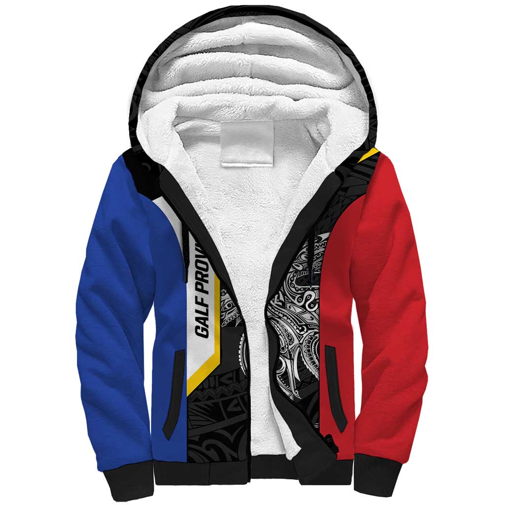 Personalised PNG Gulf Province Sherpa Hoodie Bird of Paradise Tattoo Flag Motif - Polynesian Pride