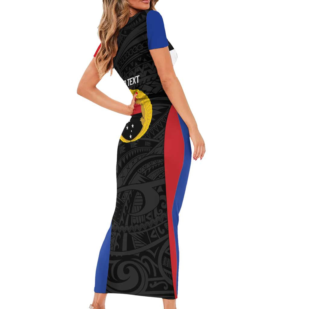 Personalised PNG Gulf Province Short Sleeve Bodycon Dress Bird of Paradise Tattoo Flag Motif - Polynesian Pride