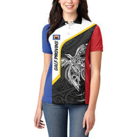 Personalised PNG Gulf Province Women Polo Shirt Bird of Paradise Tattoo Flag Motif - Polynesian Pride