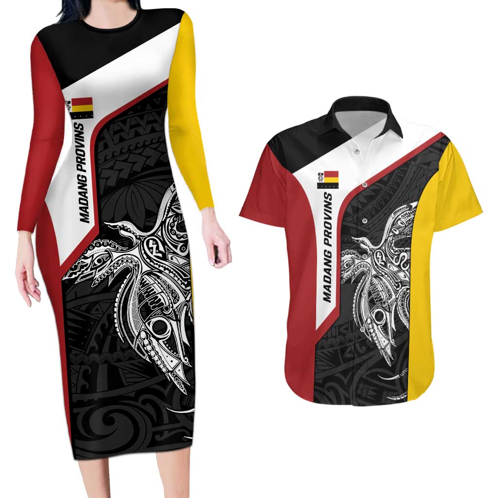 Personalised PNG Madang Province Couples Matching Long Sleeve Bodycon Dress and Hawaiian Shirt Bird of Paradise Tattoo Flag Motif - Polynesian Pride