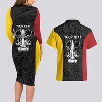 Personalised PNG Madang Province Couples Matching Long Sleeve Bodycon Dress and Hawaiian Shirt Bird of Paradise Tattoo Flag Motif - Polynesian Pride